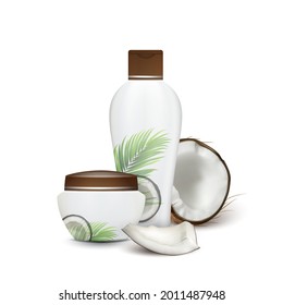 Coconut Natural Shampoo And Cream Cosmetics Vector. Cracked Coconut And Beauty Accessory Blank Container And Bottle. Organic Milky Skincare Creamy Lotion Template Realistic 3d Illustration