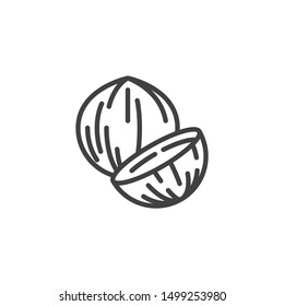 Coconut nut line icon. linear style sign for mobile concept and web design. Coconut whole and slice outline vector icon. Symbol, logo illustration. Vector graphics