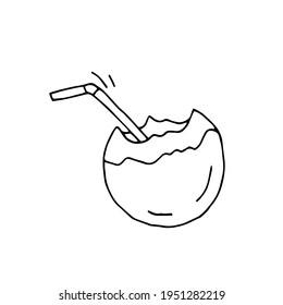 Coconut. Nut. Coconut milk. Drink. Half a coconut with a cocktail tube. Vector. Doodle. Hand-drawn illustration.	 Coloring. Black and white outline. Silhouette.
