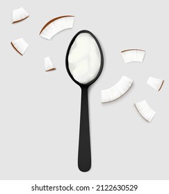 Coconut oil in a black spoon with scattered coco pieces isolated on gray background. Top view. Realistic vector illustration.