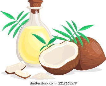 Coconut oil bottle and half nut cartoon icon isolated on white background