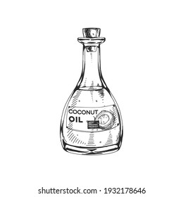 Coconut oil bottle, retro hand drawn vector illustration. Natural organic product for cooking or cosmetic, sketch vintage engraving isolated on white background.