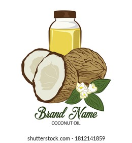 Aceite de coco con ilustración del vector del frasco , perfecto para pegatinas del producto de Aceite de Conut y diseño de etiquetas