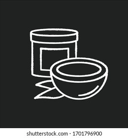 Coconut oil chalk white icon on black background. Organic nourishing haircare. Hair mask in jar container. Natural cosmetic product for hair treatment. Isolated vector chalkboard illustration