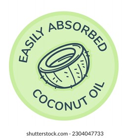 Coconut oil easily absorbing product. Isolated icon with organic ingredient, cosmetics or cooking meal. Promotional banner or logotype, logo or label, emblem for package. Vector in flat style