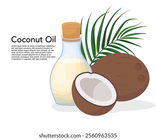 Coconut with coconut oil in glass bottle and green palm leaf. Tropical vector illustration.