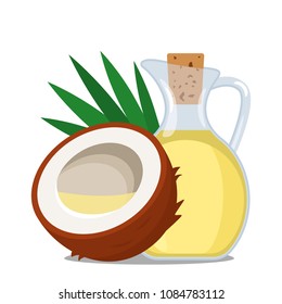 Coconut oil in a glass bottle with coconut and palm leaves.flat vector illustration isolated on white background