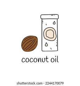 Coconut oil in a glass jar. Natural herbal healthy vegetarian product. For food and cosmetic purposes. Vector isolated hand drawn doodle illustration. Icon or card