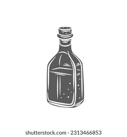 Kokosöl-Glyphe Symbol, Vektorgrafik. Stempel aus glasdurchsichtiger Flasche mit Kochen von Speiseöl und Kork, klares Glas frischer natürlicher Flüssigkeit zum Kochen in der Küche, Lebensmittelzutat vegetarischer Ernährung