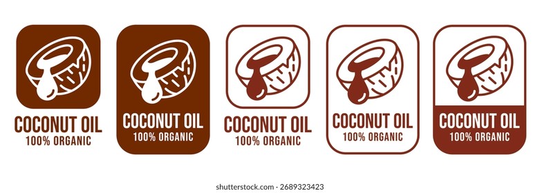 Kokosnussöl-Hälfte mit Blatt-Icon-Set. 100% biologisch und natürlich. Kokosöl-Etikett, Logo, Abzeichen, Symbol, Banner, Linie, flacher Vektor, einzelne Illustration. Kokosöl-Etikett für Produktverpackungsdesign.