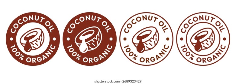 Medio aceite de coco con conjunto de iconos de hojas. 100% orgánico y natural. Etiqueta de aceite de coco, logotipo, insignia, símbolo, Anuncio, línea, Vector plano, ilustración aislada. Etiqueta de aceite de coco para el diseño del embalaje del producto.