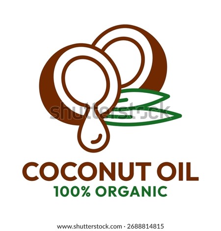 Coconut oil half with leaf icon set. 100% organic and natural. Coconut oil label, logo, badge, symbol, banner, line, flat vector, isolated illustration. Coconut oil label for product packaging design.