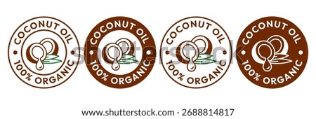 Coconut oil half with leaf icon set. 100% organic and natural. Coconut oil label, logo, badge, symbol, banner, line, flat vector, isolated illustration. Coconut oil label for product packaging design.