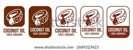 Coconut oil half with leaf icon set. 100% organic and natural. Coconut oil label, logo, badge, symbol, banner, line, flat vector, isolated illustration. Coconut oil label for product packaging design.