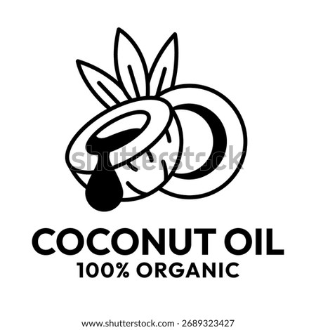 Coconut oil half with leaf icon set. 100% organic and natural. Coconut oil label, logo, badge, symbol, banner, line, flat vector, isolated illustration. Coconut oil label for product packaging design.