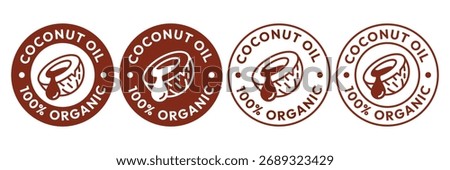 Coconut oil half with leaf icon set. 100% organic and natural. Coconut oil label, logo, badge, symbol, banner, line, flat vector, isolated illustration. Coconut oil label for product packaging design.