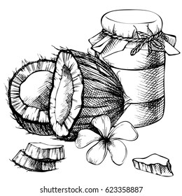 Coconut oil jar, milk. hand drawn sketch. Sketch tropical illustration. Vintage style