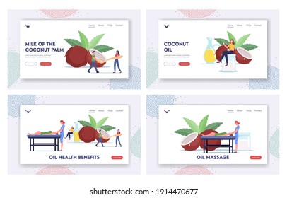 Coconut Oil Landing Page Template Set. People Use Coco Nut Oil. Tiny Characters Cooking, Visiting Spa Salon for Massage Body Care Procedures. Natural Ingredient. Cartoon People Vector Illustration