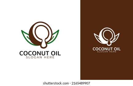 Coconut oil logo design. Coconut half with leaf vector illustration