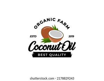 Coconut oil logo. Nature product coconut oil emblem. Ripe coco and half coconut and leaves with letters. Engraving style.