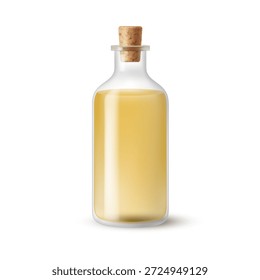 Aceite de coco o loción en botella. Vector en estilo realista, líquido aislado de aromaterapia para la industria cosmética y masaje, salón de spa. Extracto para el cuidado de la piel y la cara, tratamiento y nutrición