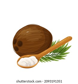 Coconut oil on wooden spoon and whole coconut with green palm leaf. Copra. Tropical Vector illustration.