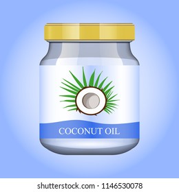 Coconut oil in realistic glass jar. Vector packaging design template and emblem - beauty, medical and cosmetic oil. Mock up vial of coconut oil