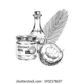 Coconut oil set, retro hand drawn vector illustration. Natural organic product for cooking or cosmetic, sketch vintage engraving isolated on white background.