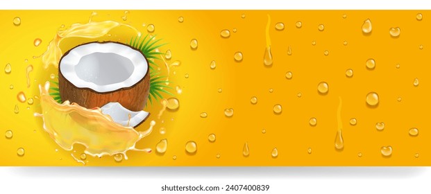 Coconut oil splash and coconut nut, horizontal banner, vector 3d illustration.