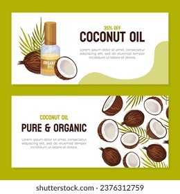 Coconut Oil Web Banner Design with Palm Leaf and Nut Shell Vector Template