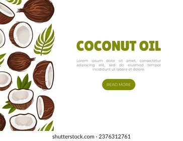 Coconut Oil Web Banner Design with Palm Leaf and Nut Shell Vector Template
