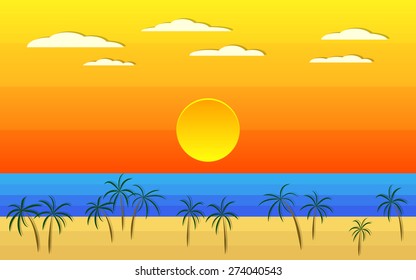 coconut on the beach at evening orange sky with clouds and sunset background(vector) 
