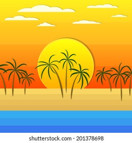 coconut on beach under orange summer sky with cloud and sunset background(vector) 