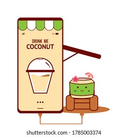 Coconut on mobile phone. Beverage online. Power up with coconut. Cute coconut style. Refreshing drink. Illustration vector.