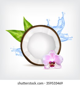 Coconut with orchid flower and blue water splash. Vector icon. EPS10 vector