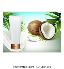 Coconut Organic Cosmetics Promo Poster Vector. Natural Cream Cosmetics Blank Tube, Milk, Tropical Nut And Tree Branch Advertising Banner. Skin Healthcare Style Color Concept Template Illustration