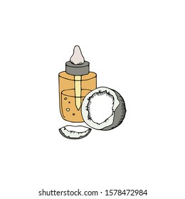 Coconut organic oil. Outline color bottle with coco oil for health and skin care. Flat vector drawing illustration.