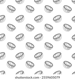 Coconut outline seamless pattern on white background. Wrapping paper, gift card, poster, banner design. Home decor, modern textile print. Summer bright geometric fruits patterned.