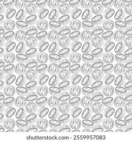 Coconut outline seamless pattern on white background. Wrapping paper, gift card, poster, banner design. Home decor, modern textile print. Summer bright geometric fruits patterned.