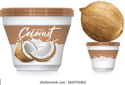 Coconut  package design with coconut  splash . Packaging design template .Coconut  cup design. illustration