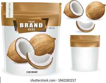 Coconut packaging.Plastic packaging contains dried fruits for design.