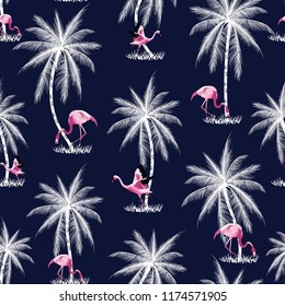 Coconut Palm and Flamingo Tree pattern on navy