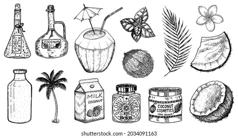 Coconut and palm leaf, Milk packaging, glass bottle, butter, cosmetic cream jar, cocktail with umbrella. Vintage style. Tropical food illustration