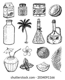 Coconut and palm leaf, Milk packaging, glass bottle, butter, cosmetic cream jar, cocktail with umbrella. Vintage style. Tropical food illustration