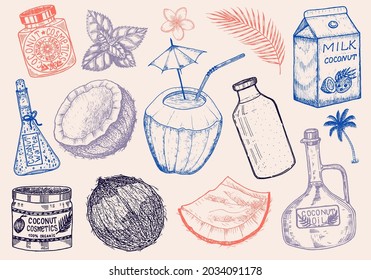 Coconut and palm leaf, Milk packaging, glass bottle, butter, cosmetic cream jar, cocktail with umbrella. Vintage style. Tropical food illustration