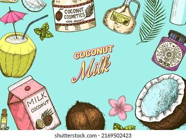 Hoja de coco y palmera, Empaque de leche, botella de vidrio, mantequilla, tarro de crema cosmética, cóctel con paraguas. Estilo vintage. Ilustración alimentaria tropical