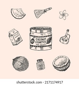 Hoja de coco y palmera, Empaque de leche, botella de vidrio, mantequilla, tarro de crema cosmética, cóctel con paraguas. Estilo vintage. Ilustración alimentaria tropical