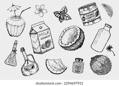 Coconut and palm leaf, Milk packaging, glass bottle, butter, cosmetic cream jar, cocktail with umbrella. Vintage style. Tropical food illustration