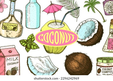 Coconut and palm leaf, Milk packaging, glass bottle, butter, cosmetic cream jar, cocktail with umbrella. Vintage style. Tropical food illustration
