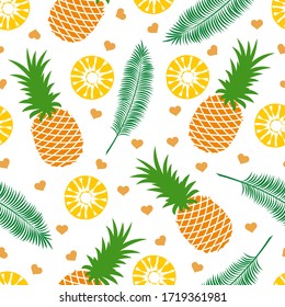 Coconut palm leaf and pineapple vector seamless pattern. Tropical leaf and fruit seamless textures. Textiles, wrapping paper, wallpaper design, packaging. Isolated objects on a white background.  